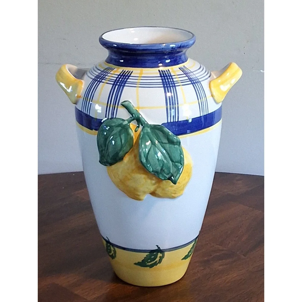 Vintage Ceramic Vase Blue Yellow 3D Lemon 10.5